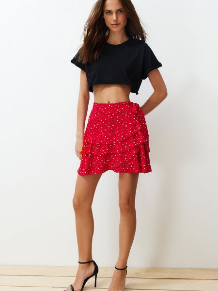 Φλοράλ φούστα mini από βισκόζη Trendyol κόκκινο