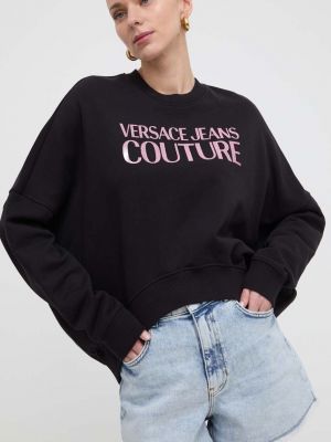 Czarna bluza z kapturem bawełniana z nadrukiem Versace Jeans Couture