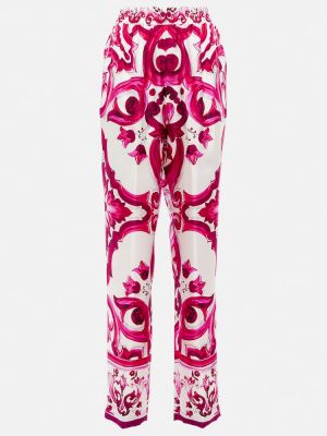 Svilene hlače ravnih nogavica s printom Dolce&gabbana ružičasta