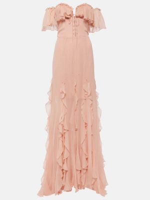 Hedvábné dlouhé šaty Costarellos růžové