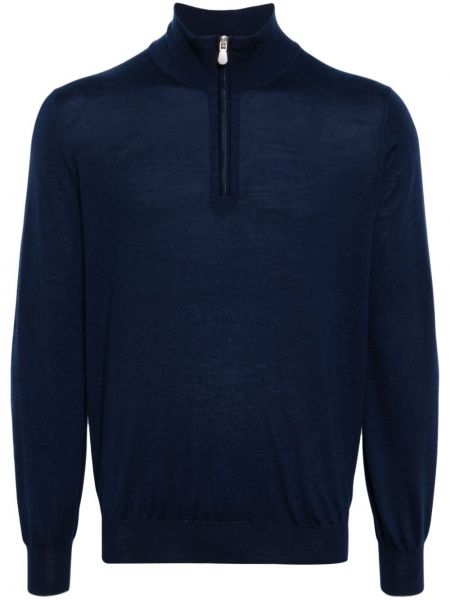 Плетен пуловер с цип Brunello Cucinelli синьо