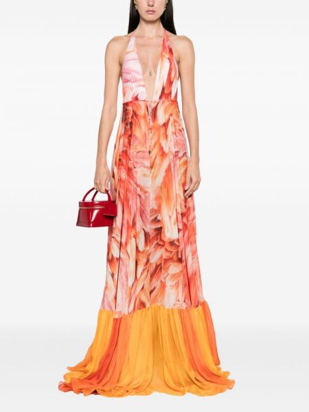 Sukienka długa w piórka z nadrukiem Roberto Cavalli