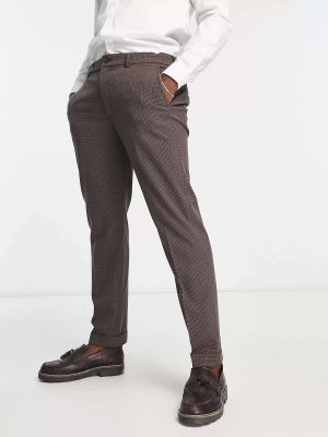 Клетчатые приталенные брюки Selected Homme коричневые