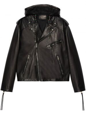 Kožna jakna s kapuljačom Gucci crna