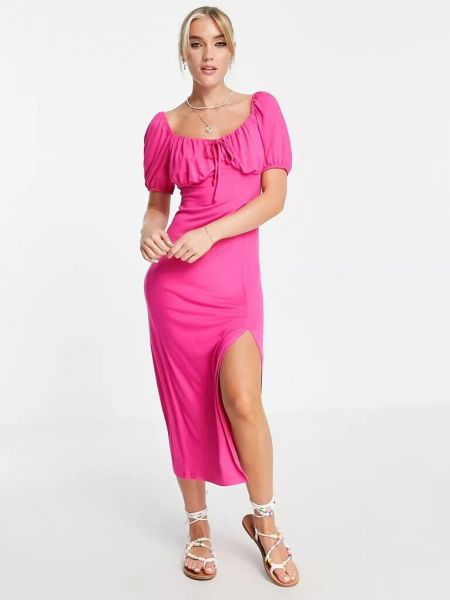 Платье миди с пышными рукавами New Look розовое