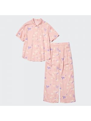 Атласная пижама с принтом с коротким рукавом Uniqlo розовая