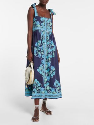 Bombažna midi obleka s cvetličnim vzorcem s potiskom Juliet Dunn modra
