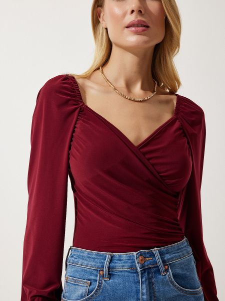 Плетена блуза с буфан ръкави Happiness İstanbul винено червено