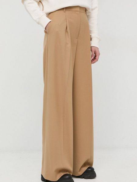 BOSS pantaloni de lana femei, culoarea bej, lat, high waist