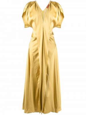 Копринена рокля с v-образно деколте с драперии Colville жълто