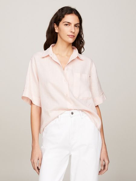 Camisa de lino manga corta Tommy Hilfiger rosa