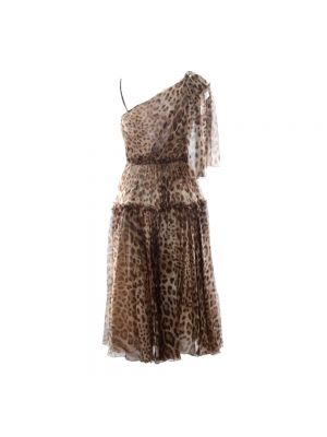 Sukienka midi z falbankami z nadrukiem z nadrukiem zwierzęcym Dolce And Gabbana brązowa