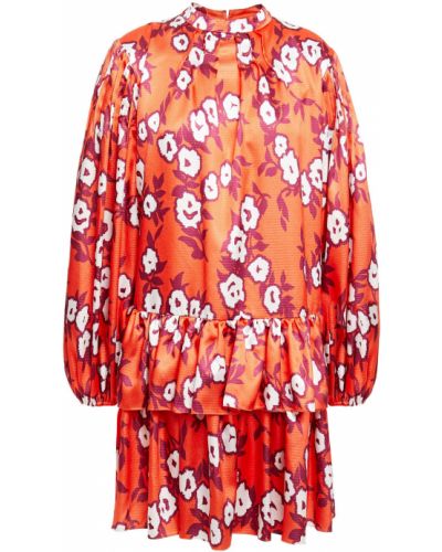 Сатиновое платье мини с принтом плиссированное Carolina Herrera, оранжевое