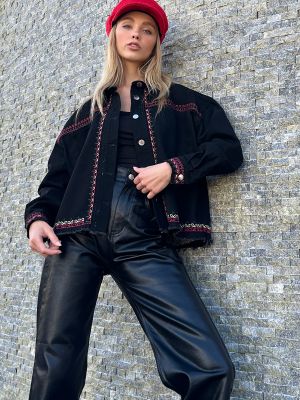 Вишита джинсова куртка Trend Alaçatı Stili чорна
