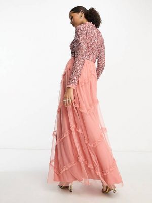 Длинное платье с рюшами с длинным рукавом Maya розовое