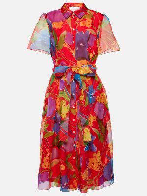 Svilena midi haljina s cvjetnim printom Carolina Herrera crvena