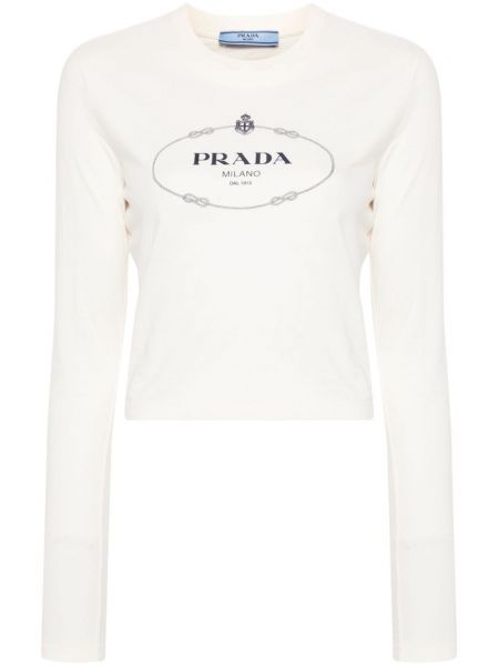 T-shirt en coton à imprimé Prada blanc