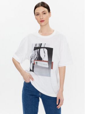 Tricou cu imagine cu croială lejeră Calvin Klein alb