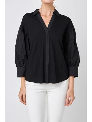 Женская рубашка с V-образным вырезом и пышными рукавами English Factory черный
