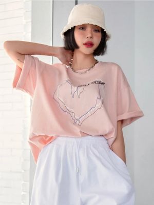 Svītrainas t-krekls ar apdruku ar sirsniņām K&h Twenty-one rozā