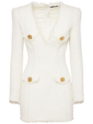 Μini φόρεμα με λαιμόκοψη v tweed Balmain λευκό