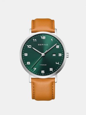 Титановые кожаные мужские часы Bering коричневые