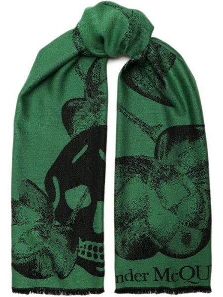Шелковый шерстяной шарф Alexander Mcqueen зеленый