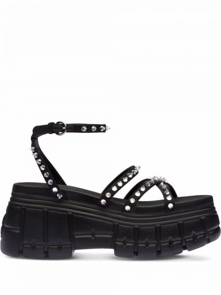 Sandale cu platformă cu nasturi de cristal Miu Miu negru