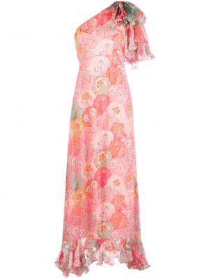 Květinové večerní šaty s vysokým pasem s potiskem Saloni - růžová