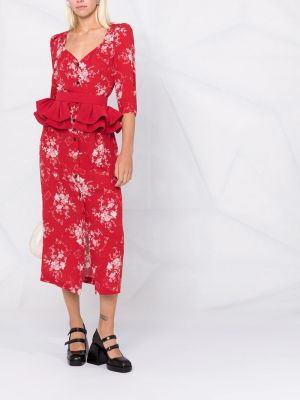 Sukienka midi w kwiatki z nadrukiem z falbankami Ulyana Sergeenko czerwona