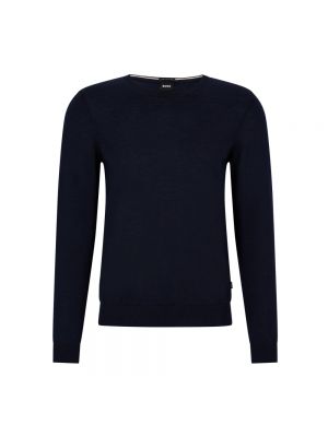 Dzianinowy sweter z okrągłym dekoltem Hugo Boss niebieski