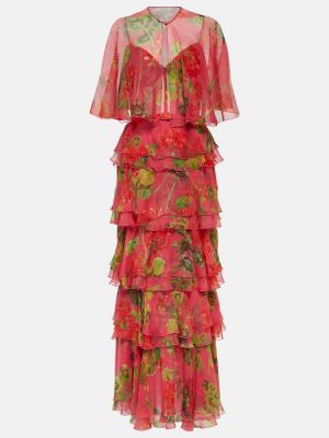 Vestido largo de seda de flores con volantes Oscar De La Renta rojo