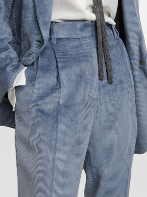 Manšestrové rovné kalhoty s vysokým pasem Brunello Cucinelli modré