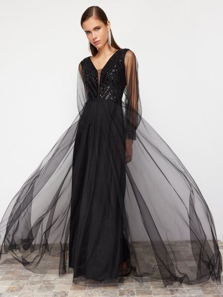 Sukienka wieczorowa z cekinami tiulowa Trendyol czarna