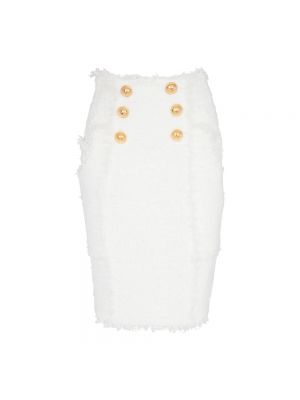Jupe courte taille haute en laine en tweed Balmain blanc