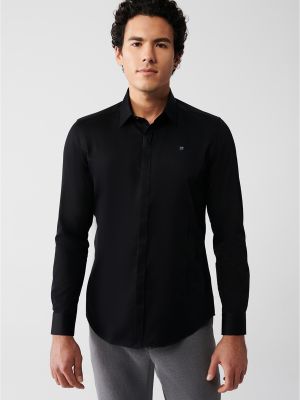Βαμβακερό σατέν πουκάμισο σε στενή γραμμή Avva μαύρο