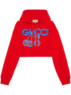Pamučna hoodie s kapuljačom s vezom Gucci crvena