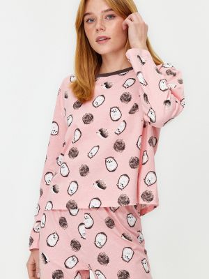 Pletena pamučna pidžama s printom Trendyol ružičasta