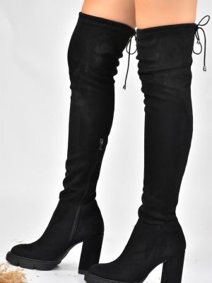 Велурени гумени ботуши с висок ток Fox Shoes черно
