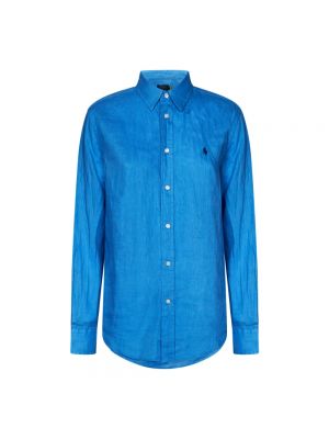 Lniana haftowana koszula na guziki Polo Ralph Lauren niebieska