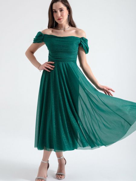 Βραδινό φόρεμα με λαιμόκοψη boatneck ντραπέ Lafaba πράσινο