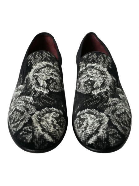 Welurowe loafers skórzane w kwiatki Dolce And Gabbana czarne