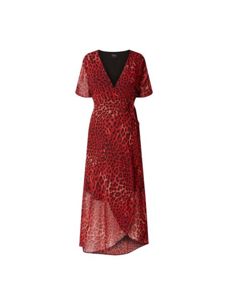 Sukienka w panterkę szyfonowa w panterkę z głębokim dekoltem Bardot - czerwony