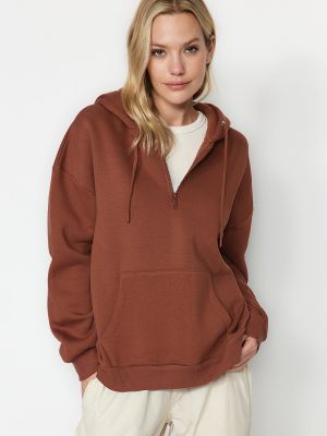 Pletena hoodie s kapuljačom od flisa oversized Trendyol smeđa