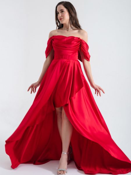 Saténové večerní šaty s lodičkovým výstřihem Lafaba červené
