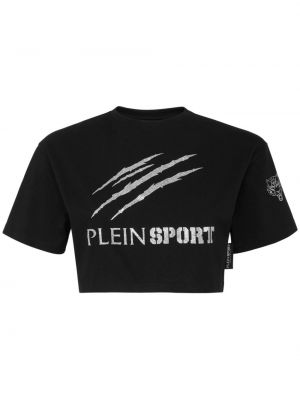 Raštuotas medvilninis sportiniai marškinėliai Plein Sport juoda
