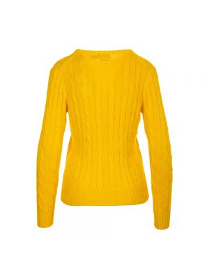 Dzianinowy sweter bawełniany z dekoltem w serek Ralph Lauren żółty