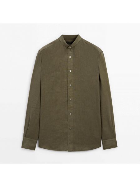 Льняная рубашка с воротником стойка Massimo Dutti зеленая