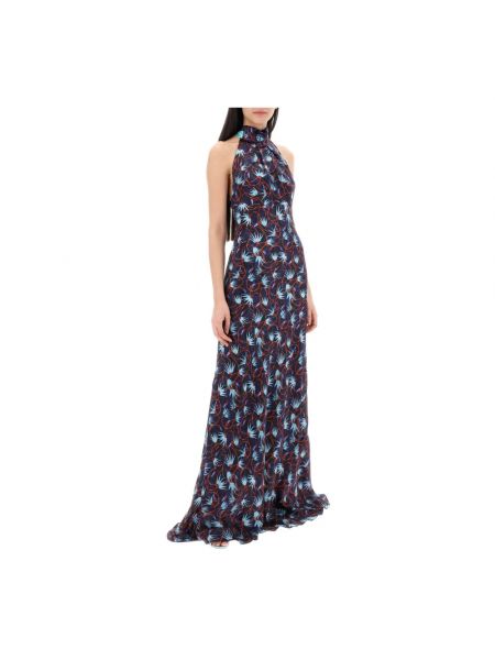 Jedwabna sukienka długa w kwiatki Saloni niebieska