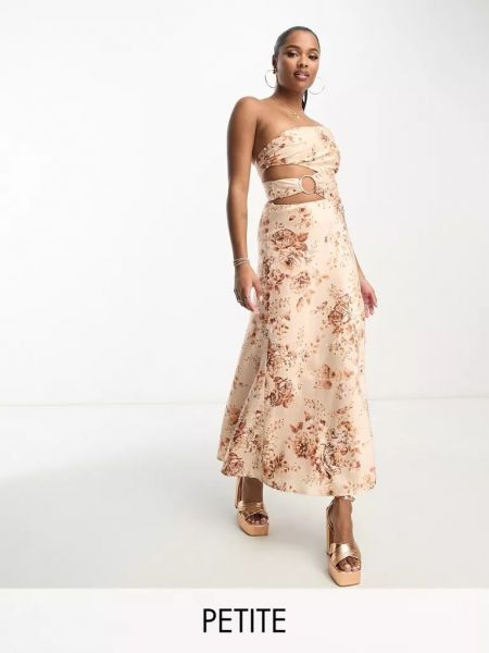 Атласное длинное платье в цветочек с принтом Forever New Petite коричневое